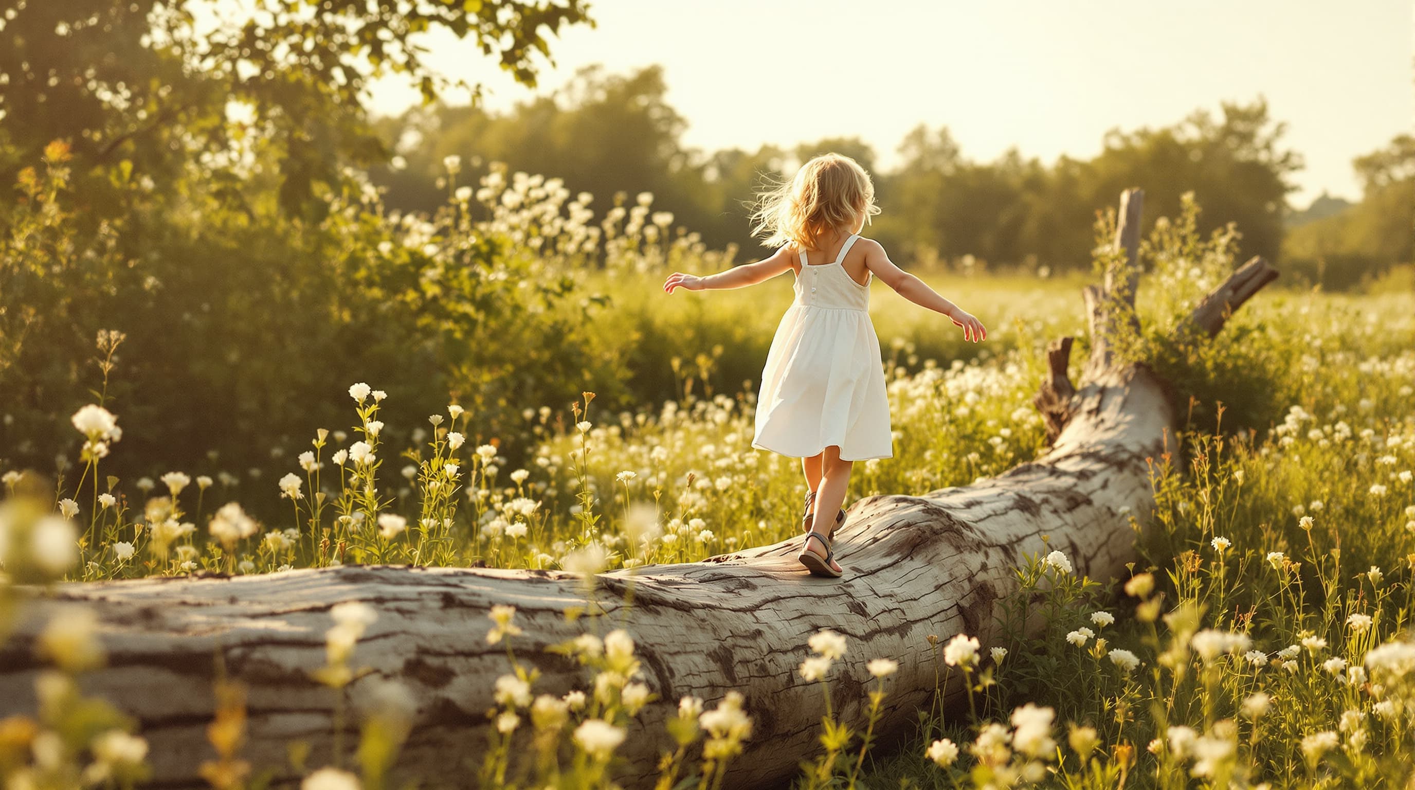 Child balancing on a fallen log in a sunlit summer meadow