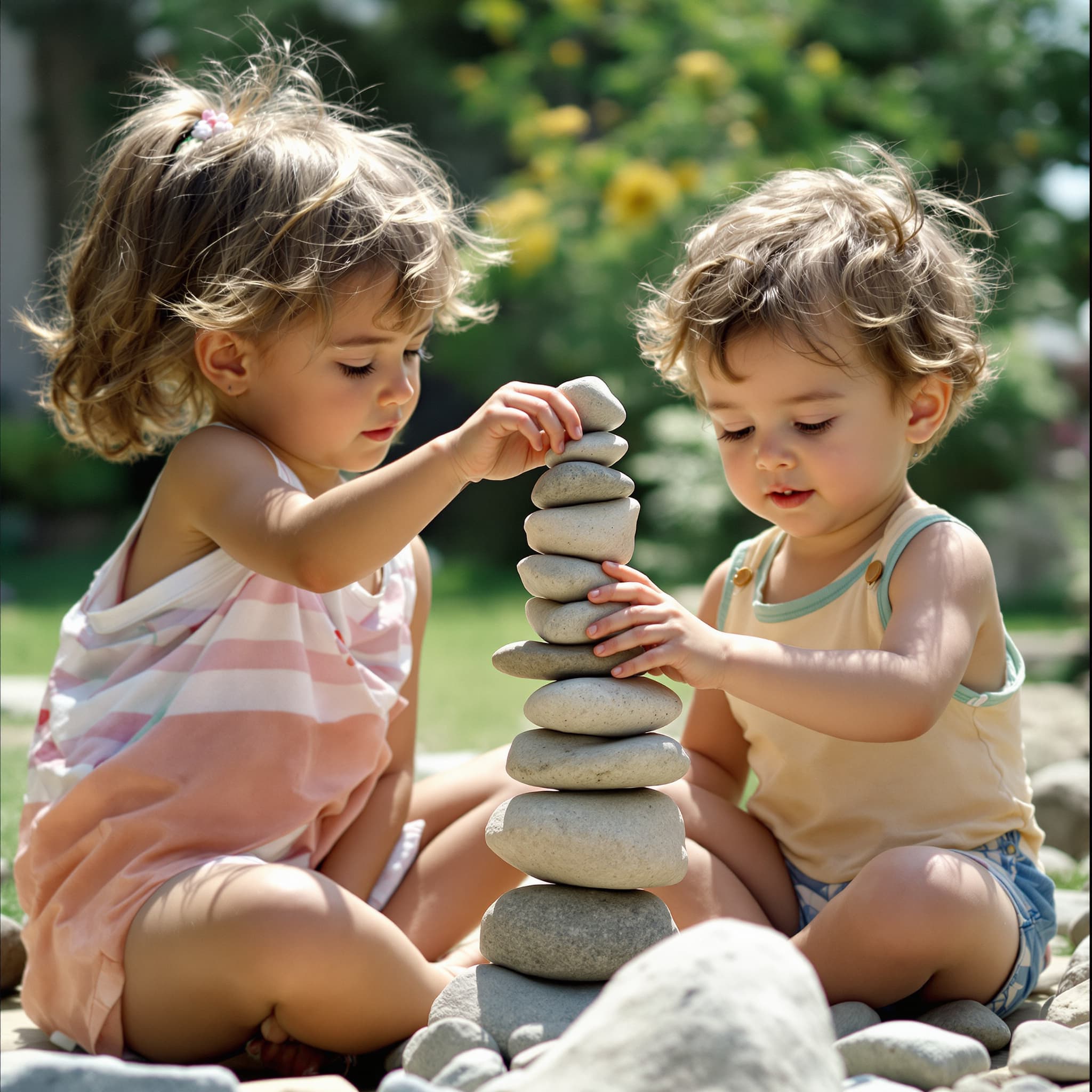 Two young children stacking smooth stones into a tower together