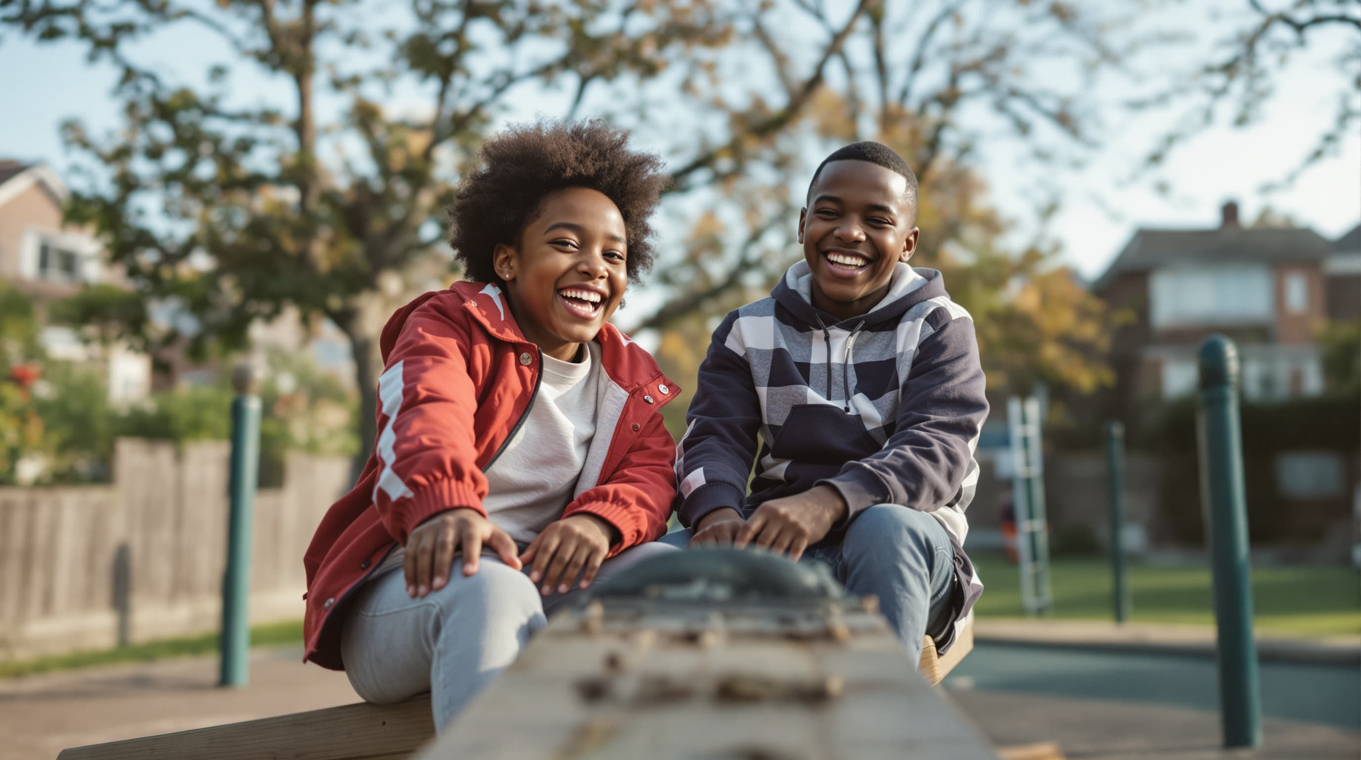Two children laughing together on a seesaw in the park