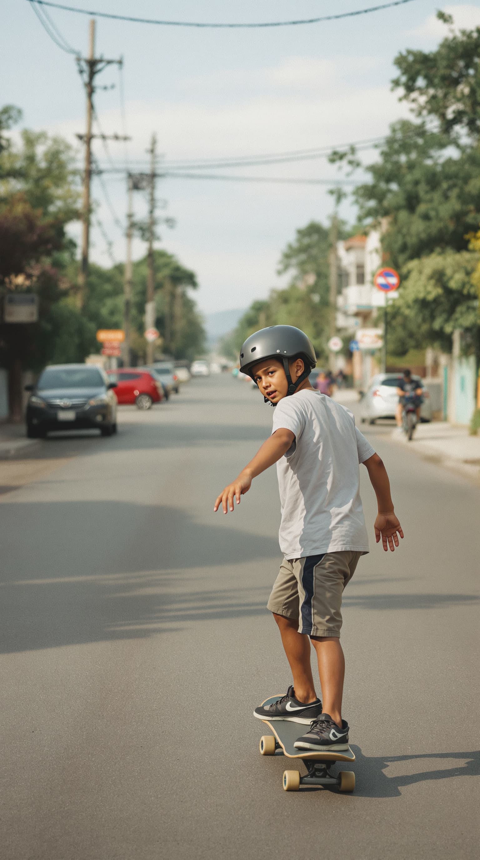 Boy learning to ride a skateboard on a quiet street