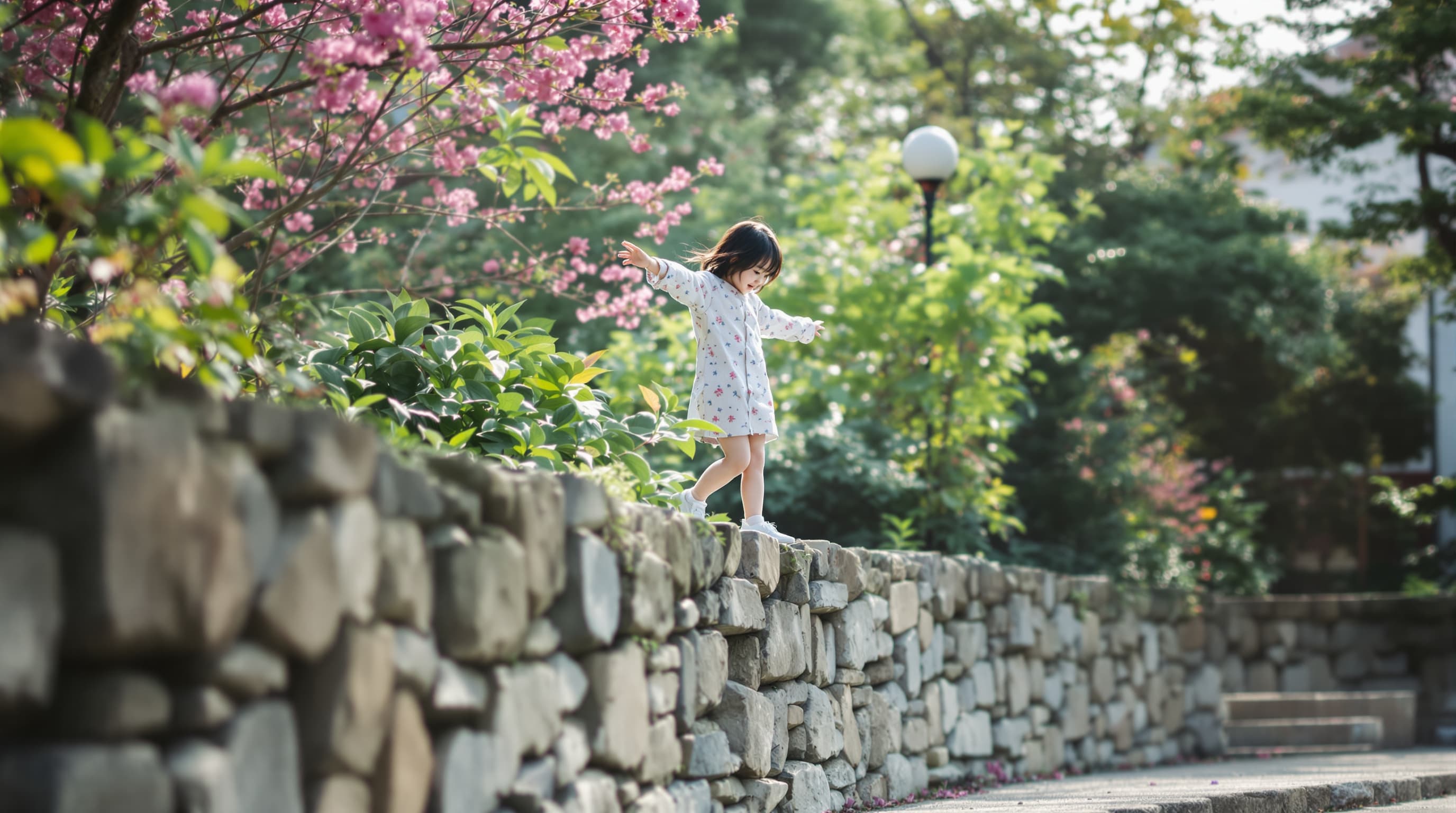 Child balancing along a low stone wall outdoors