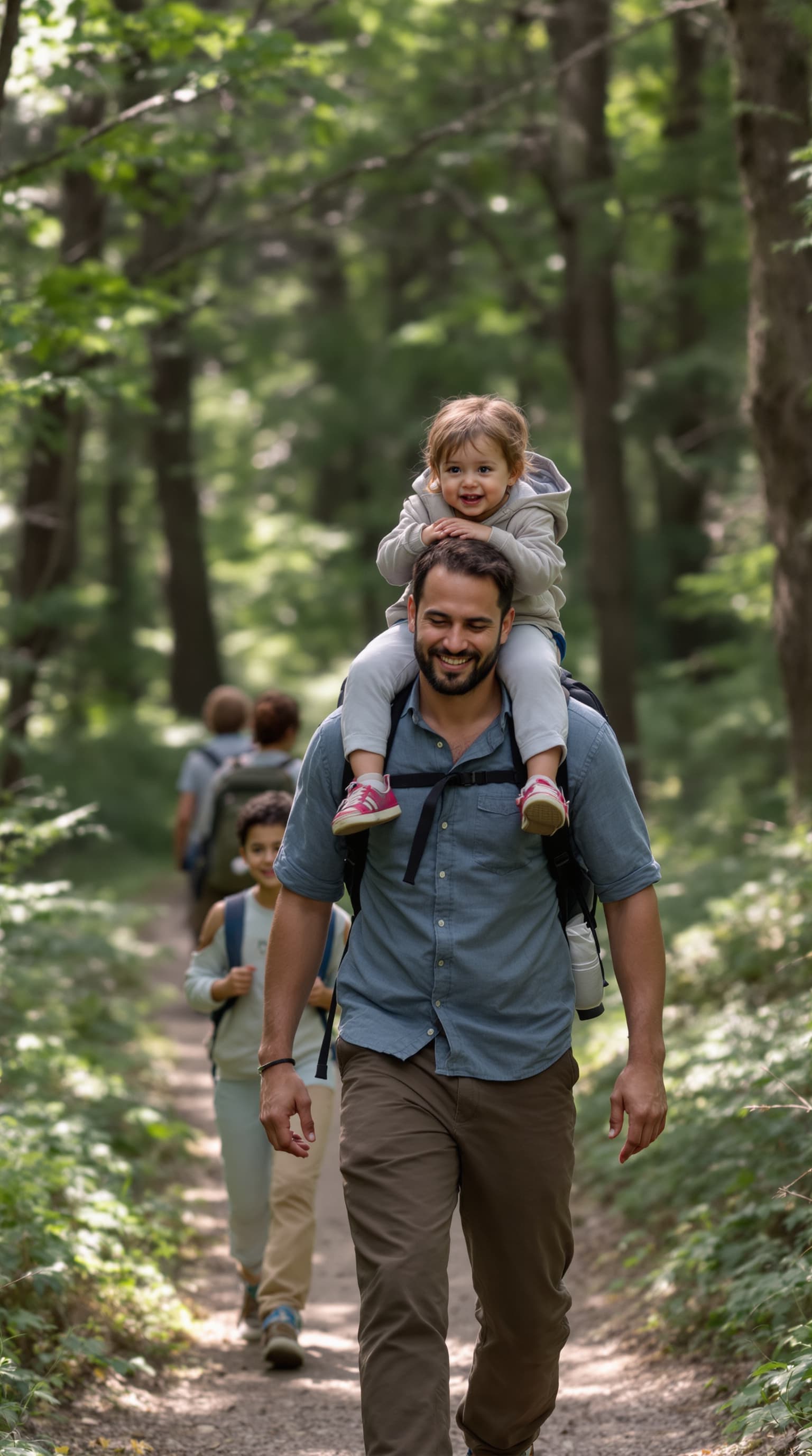 A parent carrying their child on their shoulders on a woodland trail, siblings following