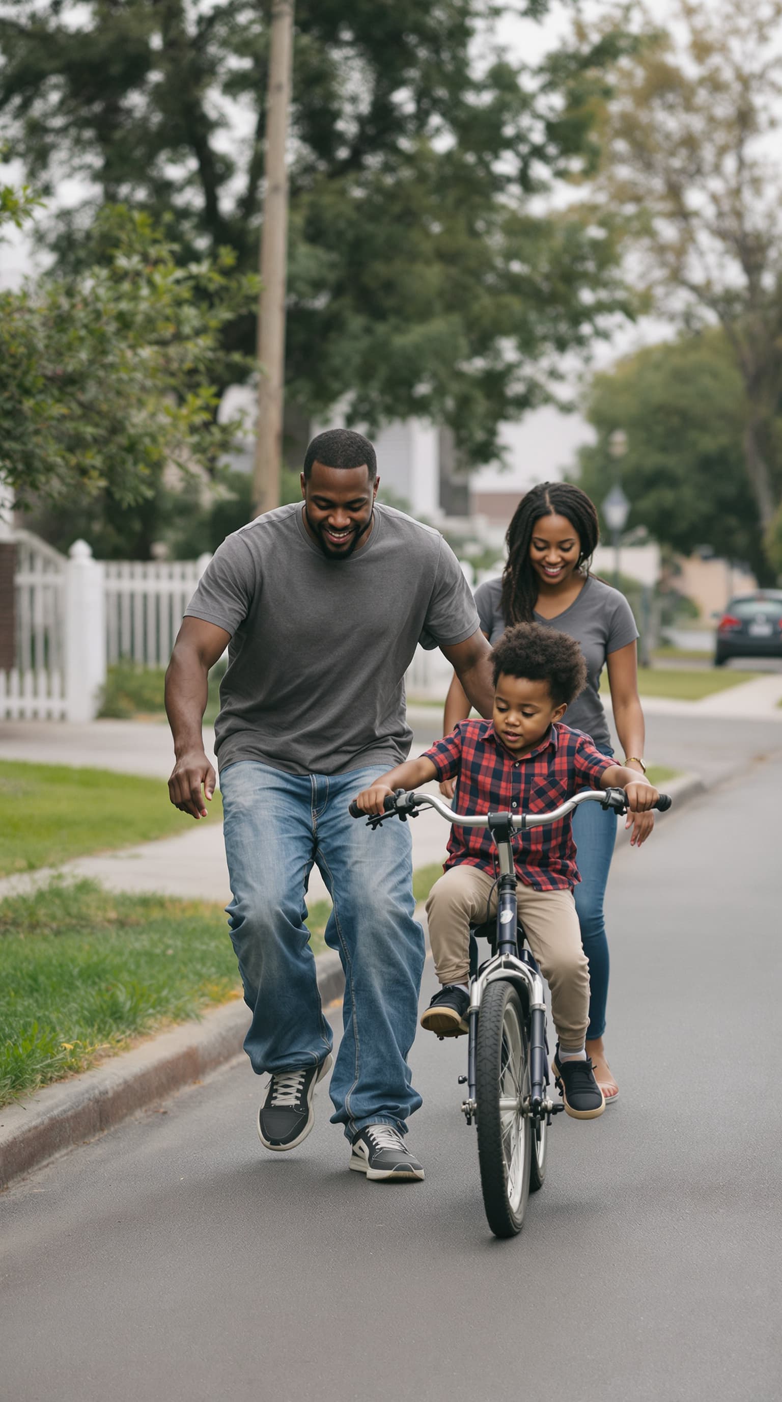 Parents teaching their child to ride a bike together outdoors