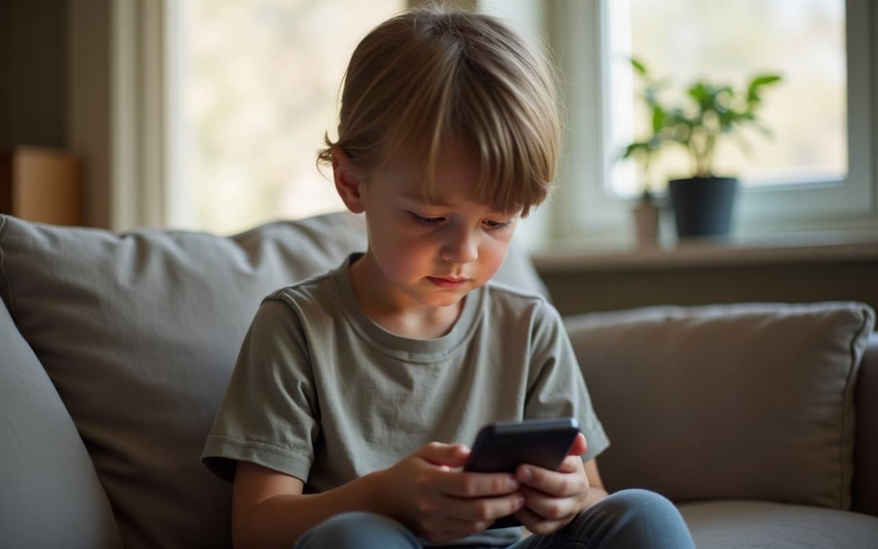 School-aged child sitting on a sofa using a smartphone
