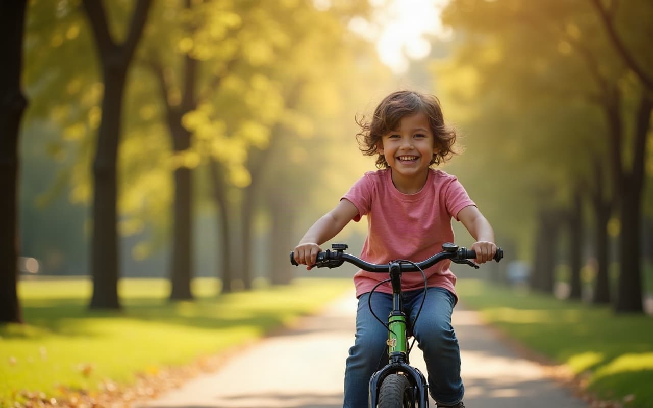 Smiling school-aged child riding a bicycle on a sunny park path