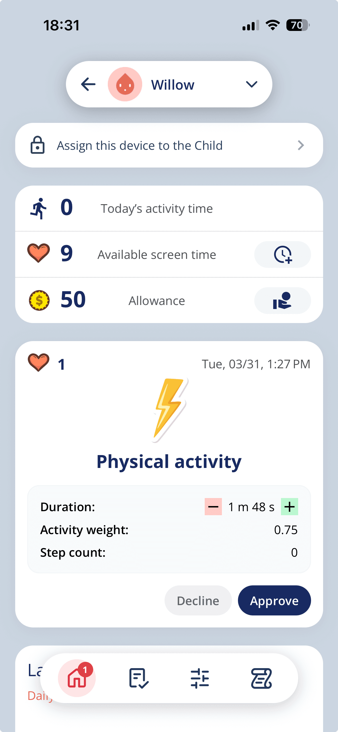 Ploj app: parent dashboard approving activity