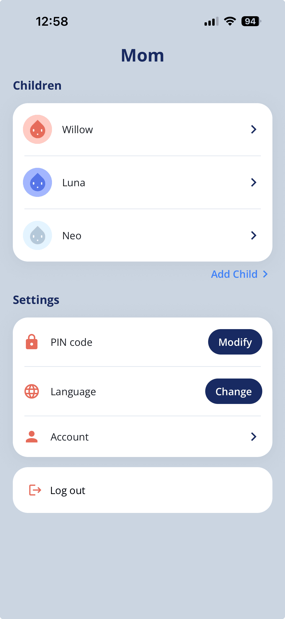 Ploj app: parent settings with children profiles